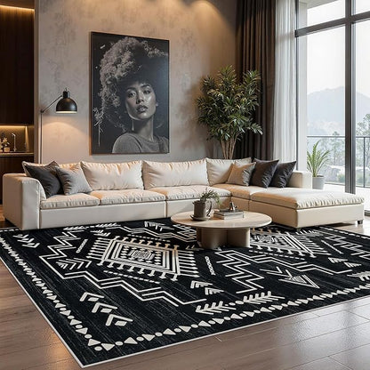 Joydeco Moroccan 5x7 Western Black and White Rugs for Living Room, Washable Soft Aztec Rug for Bedroom, Low Pile Distressed Modern Carpet for Dining Room Playroom Office Home Decor