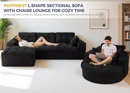 MAXYOYO L Shape Sectional Sofa Couch and Round Chaise Lounge, Modern Cloud Couch with Ottoman, Comfy Sofa with Layered Cushion, Tufted Upholstered Sleeper Chair for Living Room, No Assembly Required