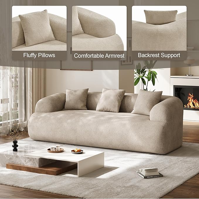 91" Boneless Couch,Cloud Couch,Chenille Curved Sofa with 3 Seater and 3 Pillows, Modern Compression Sofa for Living Room, Bedroom and Apartment, No Assembly Required, Light Brown