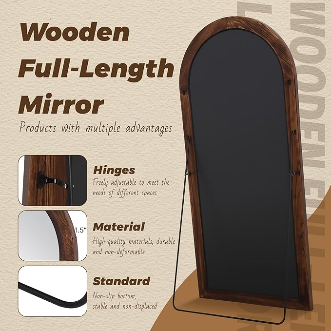 Antok Full Length Mirror with Solid Wood Frame, 71"×32" Wall Mounted Oversized Floor Mirror with Stand, Leaning Standing Hanging for Bedroom Living Room Entryway, Walnut, Arched Syle