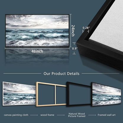 QIYILEXWART Black Framed Large Wall Decor For Living Room Canvas Wall Art For Office Wall Decoration For Bedroom Ocean Waves Painting Modern Picture Artwork Home Decor Ready To Hang