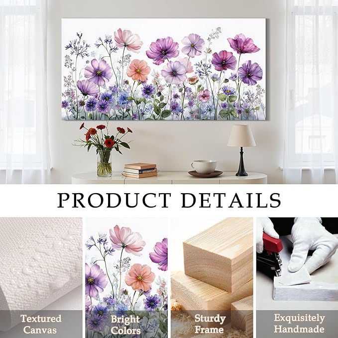 SERIMINO Large Wall Art, Floral Wall Art, Nature Wall Decor, Watercolor Purple Flowers Painting Prints, Botanical Canvas Pictures for Living Room Bedroom Bathroom Kitchen Rustic Farmhouse 20"x40"