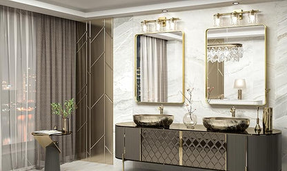 TokeShimi 28x36 Inch Gold Bathroom Mirror for Wall Metal Rounded Corner Rectangle Mirror Metal Frame Deep Set Design Hangs Horizontal Or Vertical