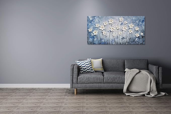 YHSKY ARTS Floral Canvas Wall Art Hand Painted Blue and White Heavy Textured Painting Modern Abstract Flower Pictures Contemporary Artwork for Living Room Bedroom Office Decoration