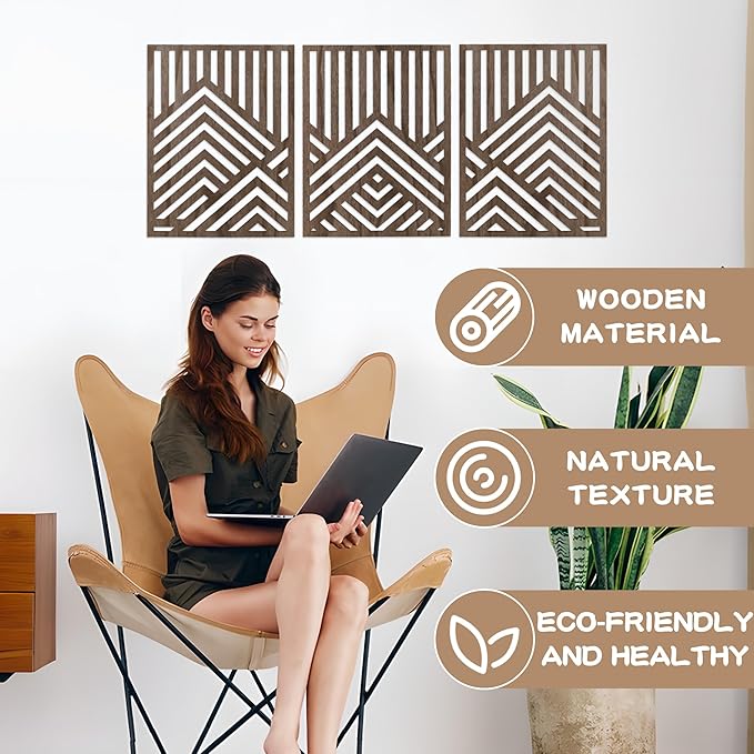 3PCS Wood Mountain Wall Art, Modern Wooden Panel Mountain Wall Decor, Decorative Forest Nature Abstract Line Minimalist Wall Art for Living Room Bedroom Farmhouse, 16.5x 12.5in (Dark brown)