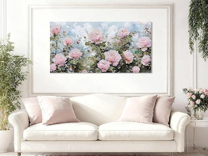 Ardemy Flower Wall Art Canvas Art Wall Decor, Floral Painting Textured Picture Living Room Pink Rose Artwork Large Framed for Bedroom Kitchen Dining Room Home Office Decor 40"x20"