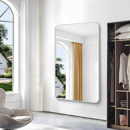 BONEWEI Silver Bathroom Mirror,60x36 inch Wall Mirror for Bathroom Wall Mounted,Rectangle Mirror for Bathroom Over Sink,Modern Frame Round Corner for Living Room,Bedroom Entryway,Horizontal/Vertical