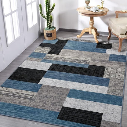 FlyDOIT Modern Geometric Patchwork Area Rug, 6x9 Blue Large Rugs for Living Room, Rockwood Collection Indoor Rugs for Bedroom, Throw Carpet Floor Decor for Entryway Dining Room Office Nursery