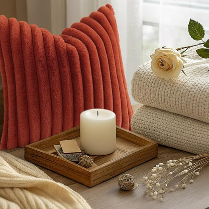 decorUhome Cozy Faux Fur Throw Pillow Covers 26x26 Set of 2 Decorative Soft Plush Striped Modern Farmhouse Boho Couch Euro Sham Pillow Cases with Velvet Back for Sofa Bed Living Room, Rust
