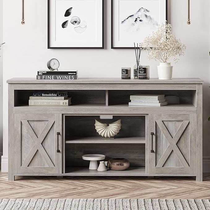BELLEZE Modern 58 Inch Barn Door Wood TV Stand & Media Entertainment Center Console Table for TVs up to 65 Inches with Two Open Shelves and Cabinets - Corin (Gray Wash)