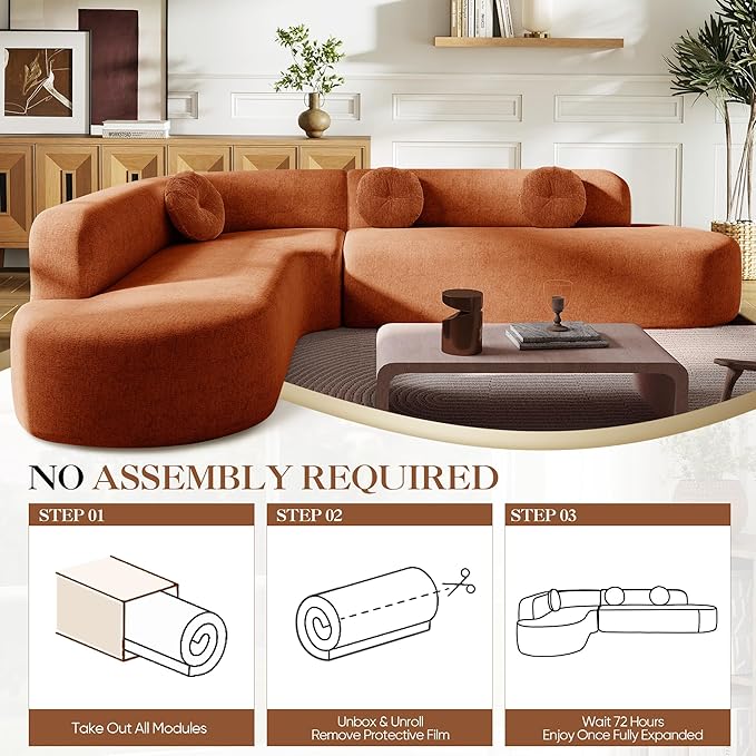 Deep Seat Curved Sectional Sofa - Cloud Round Couch with Elegant Curved Design & 3 Round Cushions, L-Shaped Comfy 4 Seater Floor Sofa, No Assembly Required (Orange)