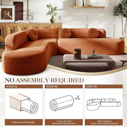 Deep Seat Curved Sectional Sofa - Cloud Round Couch with Elegant Curved Design & 3 Round Cushions, L-Shaped Comfy 4 Seater Floor Sofa, No Assembly Required (Orange)