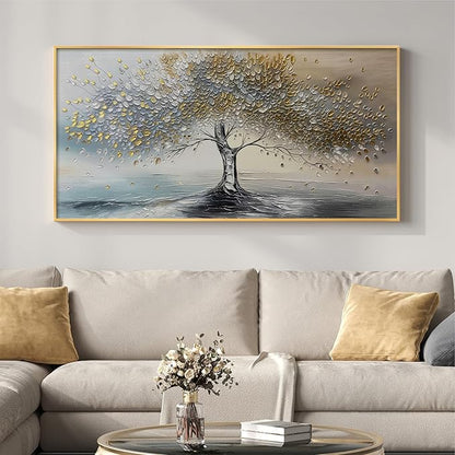 Large Gold Framed Tree of Life Wall Art for Living Room, Modern Abstract Blue Golden Tree Canvas Painting Prints, Luxury Artwork for Bedroom Hallway Kitchen Dining Room Office Wall Decor, 60x30 Inch