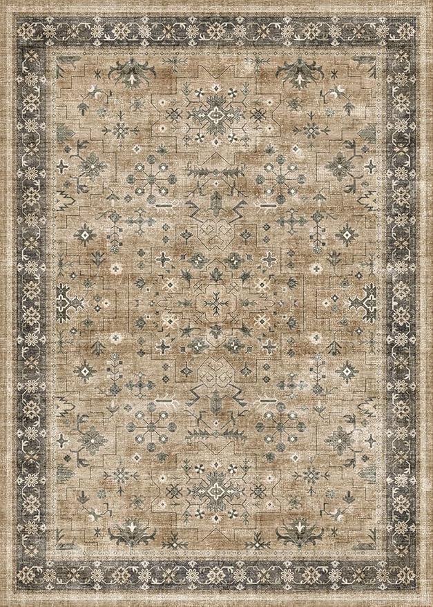 Hazo Haus Rustic Taupe Area Rug 5x7 for Living Room - Machine Washable Rugs for Dining Room, Kitchen Floor, Small Office, Low Pile Non-Slip Rubber Backing & Stain Resistance