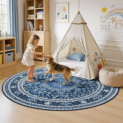 Lessymo 6FT Washable Round Area Rugs for Living Room, Non Slip Circle Rugs Low Pile Vintage Carpet for Bedroom, Dining Room, Nursery, Home Office, Blue White