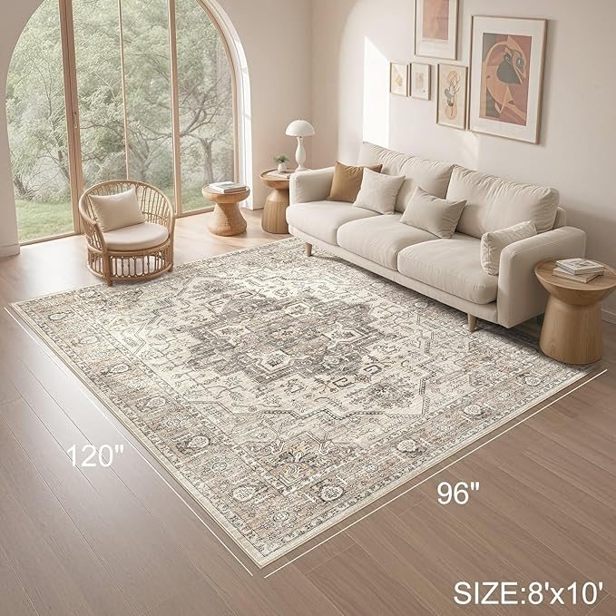 Area Rug 8x10 Washable Vintage - Soft Traditional Rugs for Living Room Large Non Slip Backing with Low Pile Farmhouse Oriental Retro Carpet for Bedroom Dining Room or Home Office - Light Brown