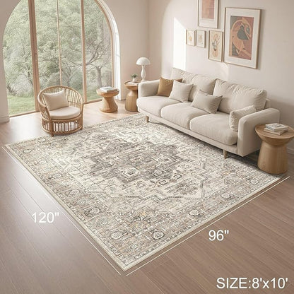 Area Rug 8x10 Washable Vintage - Soft Traditional Rugs for Living Room Large Non Slip Backing with Low Pile Farmhouse Oriental Retro Carpet for Bedroom Dining Room or Home Office - Light Brown
