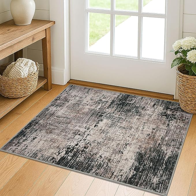 KILOCOCO Abstract Small Area Rug 2x3 Entryway Rug Washable Kitchen Rugs Door Mat Indoor Entrance Soft Pinted Non Slip Throw Rugs for Front Door Foyer Farmhouse Floor Mats, Black/Brown
