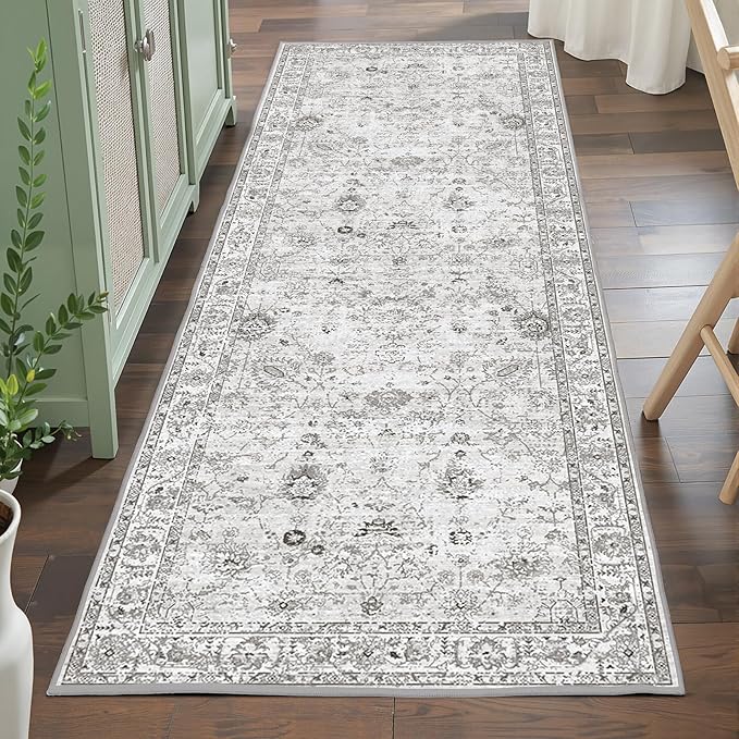 Grey Runner Rug for Hallways Kitchen 2x6, Non Slip Washable Rug with Rubber Backing Soft Floral Carpet Runner for Hallways, Kitchen, Laundry, Bedroom, Bathroom