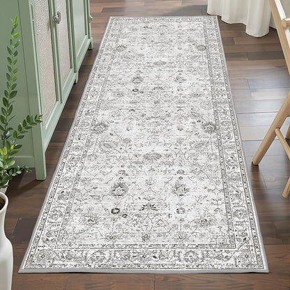 Grey Runner Rug for Hallways Kitchen 2x6, Non Slip Washable Rug with Rubber Backing Soft Floral Carpet Runner for Hallways, Kitchen, Laundry, Bedroom, Bathroom
