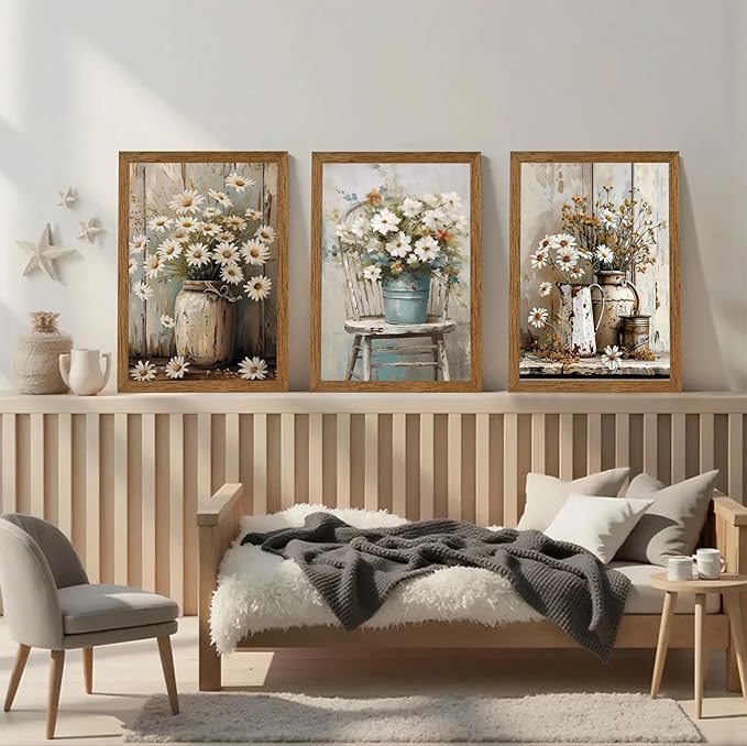 DUWQU 3 Piece Framed Elegant Farmhouse Canvas Wall Art, Vintage Floral Pictures Wall Decor, Nature Themed Daisy Art Prints for Living Room Bedroom Kitchen and Office Ready to Hang 12×16 Inches