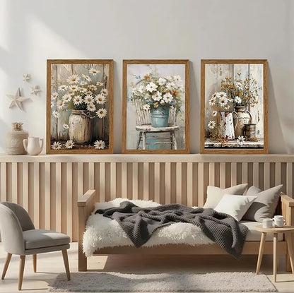DUWQU 3 Piece Framed Elegant Farmhouse Canvas Wall Art, Vintage Floral Pictures Wall Decor, Nature Themed Daisy Art Prints for Living Room Bedroom Kitchen and Office Ready to Hang 16×24 Inches