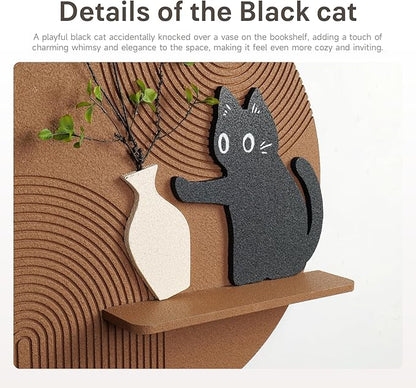 3D Textured Round Cat Wall Art with Shelf, Modern Minimalist Brown Sandstone Texture Artwork for Walls, Black Cat Geometric Wall Art Decor for Living Room, Hallway, Dining Room, Bedroom, Office, 24x24