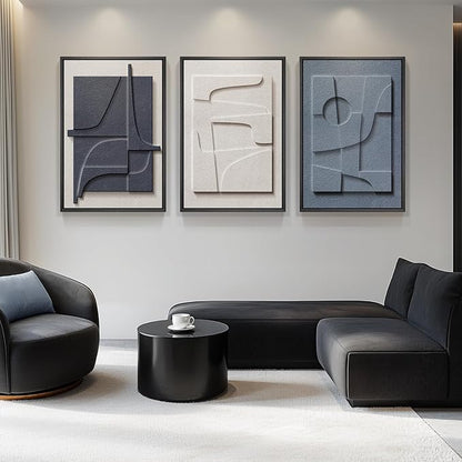 Large 3D Textured Framed Blue and White Abstract Wall Art for Living Room, 3 Piece Modern Artwork for Walls, Minimalist Navy Blue Geometric Paintings for Hallway, Stair, Office Wall Decor 24x36 In