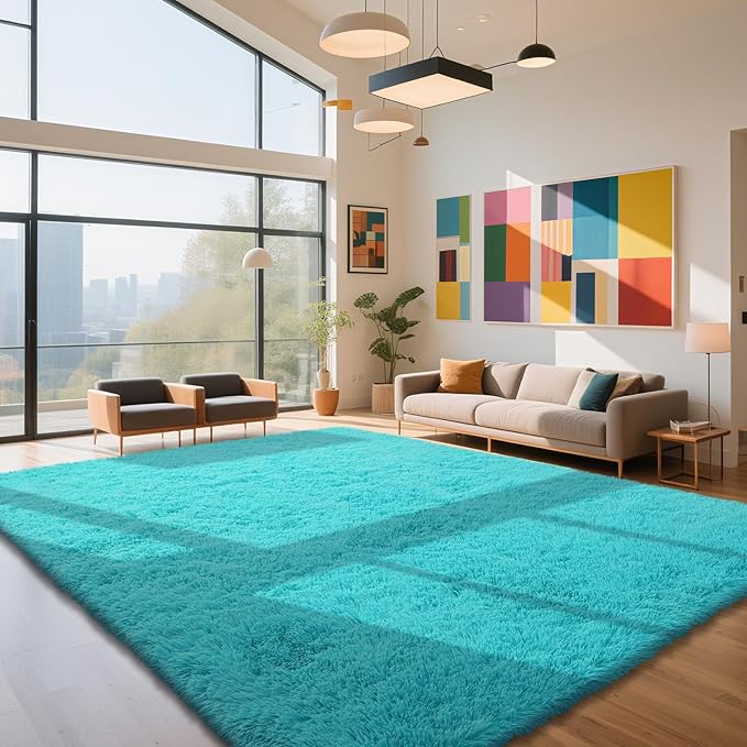 yongyangjuxin Teal Blue Rug Fluffy Rug, 10x14 Teal Area Rugs for Living Room, Soft Cute Baby Play Mat, Teal Rugs for Bedroom, Nursery, Preppy Dorm, Plush Aesthetic