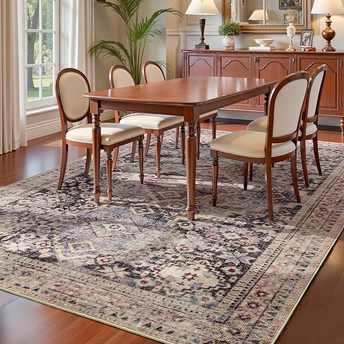 YOH Boho Washable Rug 5x7, Mauve Grey Vintage Non Slip Area Rug, Distressed Indoor Carpet for Living Room Bedroom Kitchen Office