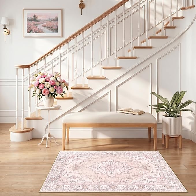 RELEANY Area Rugs 2'6"x4' Kitchen Rugs Entry Rug Small Rugs for Entryway Kitchen Bathroom Door Mat Indoor Entrance,Washable Non Slip, Pink Greypink Cute