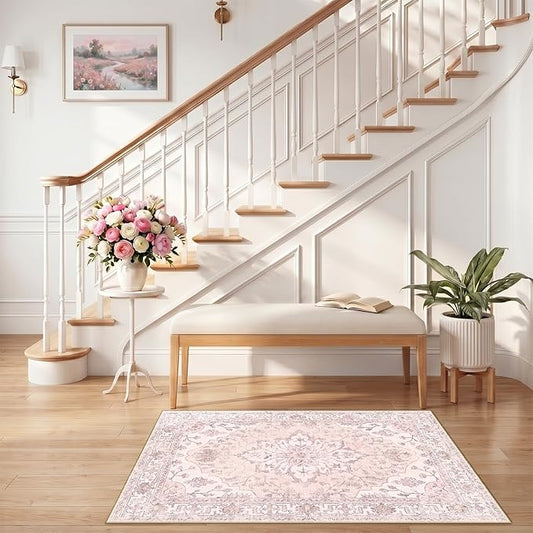 RELEANY Area Rugs 2'6"x4' Kitchen Rugs Entry Rug Small Rugs for Entryway Kitchen Bathroom Door Mat Indoor Entrance,Washable Non Slip, Pink Greypink Cute