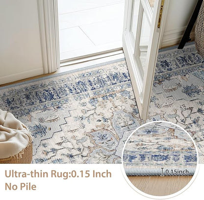 BESTSWEETIE 2x3 Area Rug Washable Rugs for Living Room, No Pile Boho Carpet for Entryway Bedroom Dinning Room, Vintage Carpet Print Distressed Non-Slip, 2 x 3 ft, Beige Blue