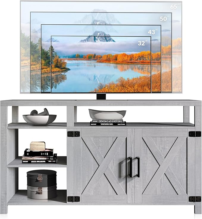 BELLEZE 58" TV Stand for TVs Up to 65", Modern Entertainment Center & TV Cabinet with Storage Shelves and Cabinet, Wood Storage Cabinet Media Console Table for Living Room Bedroom, Stone Grey