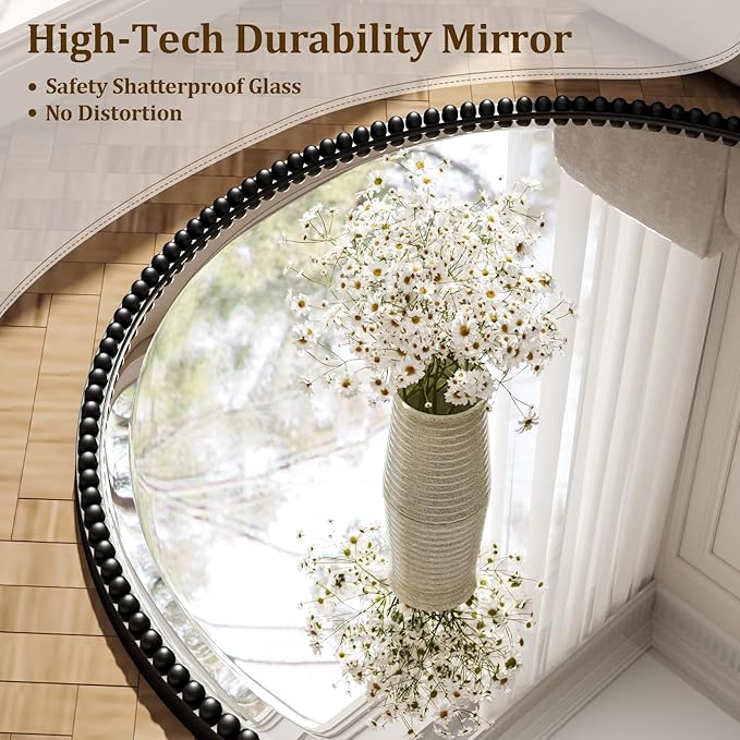 28 Inch Round Bathroom Mirror - Luxurious Retro Beaded Circle Decorative Wall Mirror with PU Frame Hanging Leaning as Art Decor for Entryway, Bedroom, Living Room, Hallway, Black