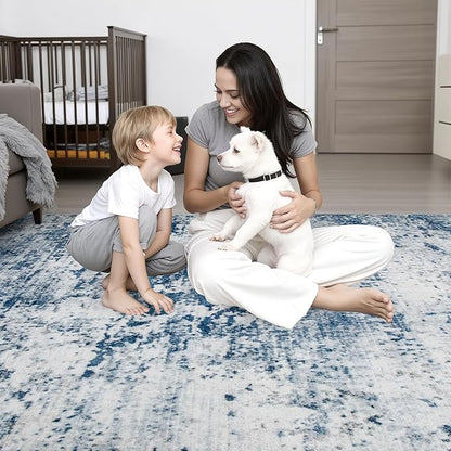Round Area Rug for Living Room: 6 ft Washable Modern Abstract Soft Thin Rug Indoor Floor No Slip Stain Resistant Carpet for Bedroom Dining Room Farmhouse Nursery Home Office - Blue