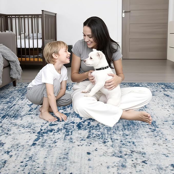 4x4 Area Rug Living Room Rug: Washable Modern Abstract Soft Thin Rug Indoor Floor No Slip Stain Resistant Carpet for Bedroom Dining Room Farmhouse Nursery Home Office - Blue