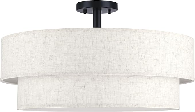 24 Inch LED 28W Adjustable 3000/4000/5000 Black Double Drum Linen Fabric Shade Semi Flush Mount Close to Ceiling Light Fixture for Bedroom,Living Room,Dining Room Hallway