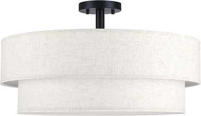 24 Inch LED 28W Adjustable 3000/4000/5000 Black Double Drum Linen Fabric Shade Semi Flush Mount Close to Ceiling Light Fixture for Bedroom,Living Room,Dining Room Hallway
