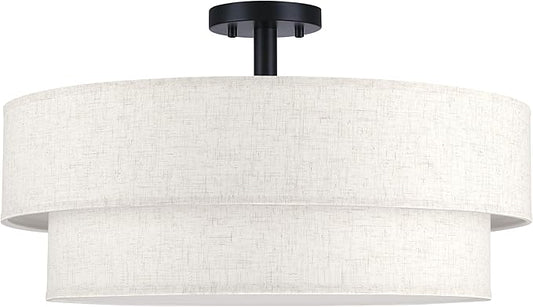 24 Inch LED 28W Adjustable 3000/4000/5000 Black Double Drum Linen Fabric Shade Semi Flush Mount Close to Ceiling Light Fixture for Bedroom,Living Room,Dining Room Hallway