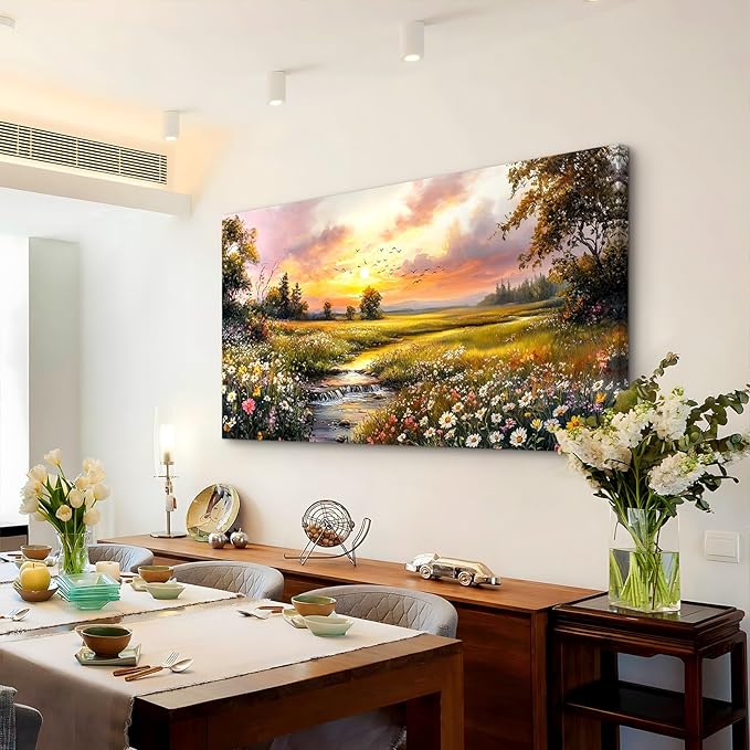 crmotu Nature Sunset Wall Art, Pastoral Extra Large Landscape Painting, River Meadow Wildflower Canvas Prints, Rustic Wall Pictures for Living Room Dining Room Farmhouse Decor Ready to Hang 29X57 In