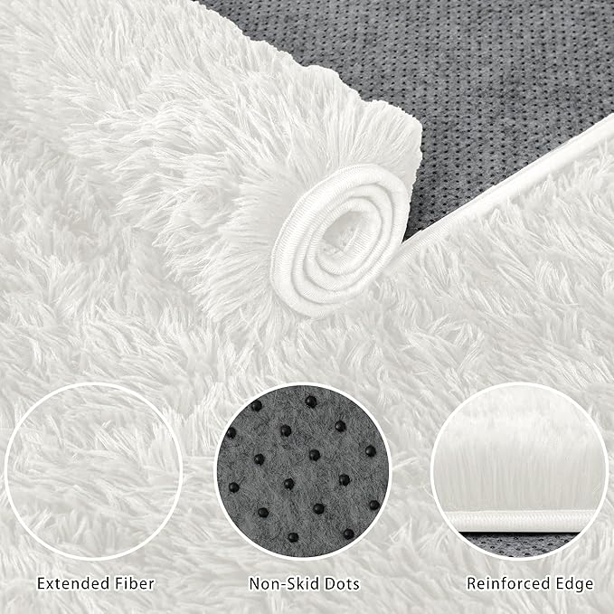 6x9 Area Rug for Living Room:Ultra Soft Fluffy Shag White Rugs,Large Fuzzy Plush Indoor Non Slip Carpet Washable Rug for Bedroom Kids Nursery Office Dorm Modern Decor(White 6'x9')