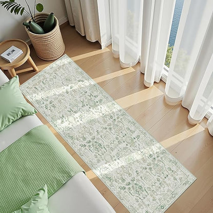 Green 3x10 Runner Rug for Hallways Bed Side Kitchen, Boho Washable Distressed Low-Pile Floor Entryway Long Bathroom Mat, Non-Slip Laundry Room Washstand Front Carpet Green 36x84 Inch