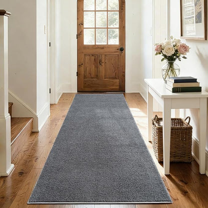 FinRèc 2x8 Washable Runner Rugs for Kitchen Hallway Bedroom, Low Pile Thin Rug Solid Color, Non-Slip Carpet Indoor for Home Decor (Pure Dark Grey)