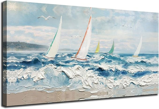 Enartly Wave 3D Textured Ocean Wall Art for Living Room Blue Seascape Sailboat Canvas Coastal Painting Artwork for Bedroom Bathroom Home Office Wall Decor, Large 40"x20"