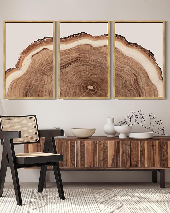 Drsoum Vintage Retro Tree Rings Wood Framed Wall Art Modern Wood Stump Nature Rustic Artwork Bedroom Living Room Ready to Hang 16x24in Natural Framed