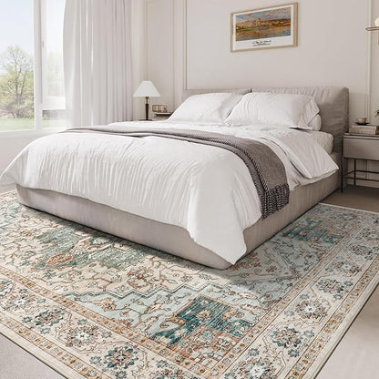 9x12 Area Rugs for Living Room, Machine Washable Non Slip Vintage Rug, Non-Slip Stain Resistant, Large Soft Home Decor Rug for Bedroom Dining Room (Green/Beige 9'x12')