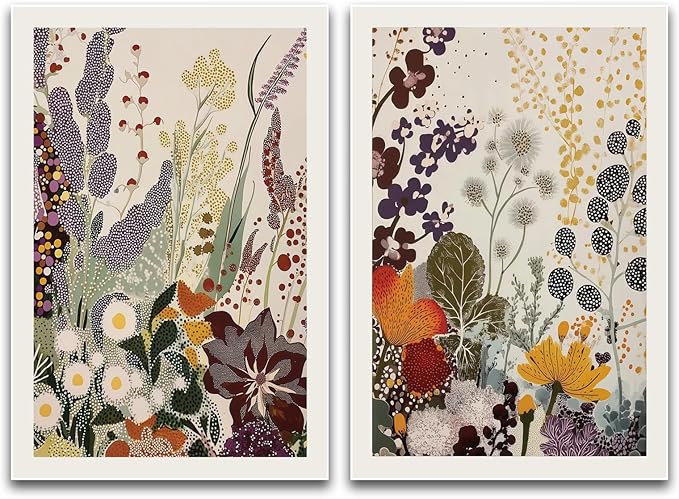 ZHBJSM Wildflower Wall Art Set of 2 Vibrant Floral Poster Boho Decor Dot-Patterned Retro Earthy Tone Plant Print for Bedroom Living Room 16x24 Inch Unframed