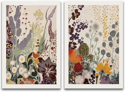 ZHBJSM Wildflower Wall Art Set of 2 Vibrant Floral Poster Boho Decor Dot-Patterned Retro Earthy Tone Plant Print for Bedroom Living Room 16x24 Inch Unframed
