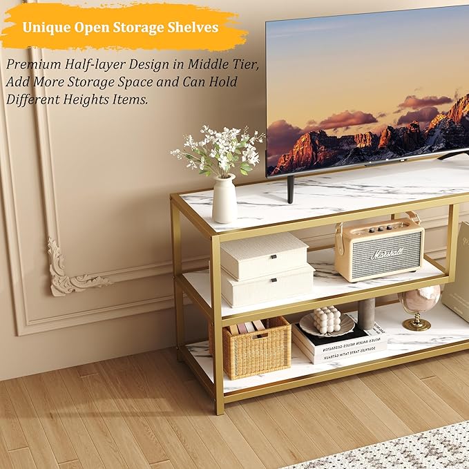Function Home TV Stand for TVs up to 55 Inch, 3 Tier Entertainment Center, Media Console with Open Storage Shelves for Living Room Bedroom, 47” Modern TV Table with Faux Marble Top Gold Metal Leg